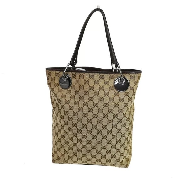 GUCCI Logo GG Pattern Shoulder Bag Canvas Leather Brown Silver Italy - Picture 1 of 16
